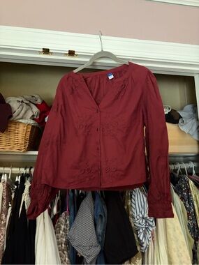 Old Navy Burgundy Embroidered Button-Up Blouse